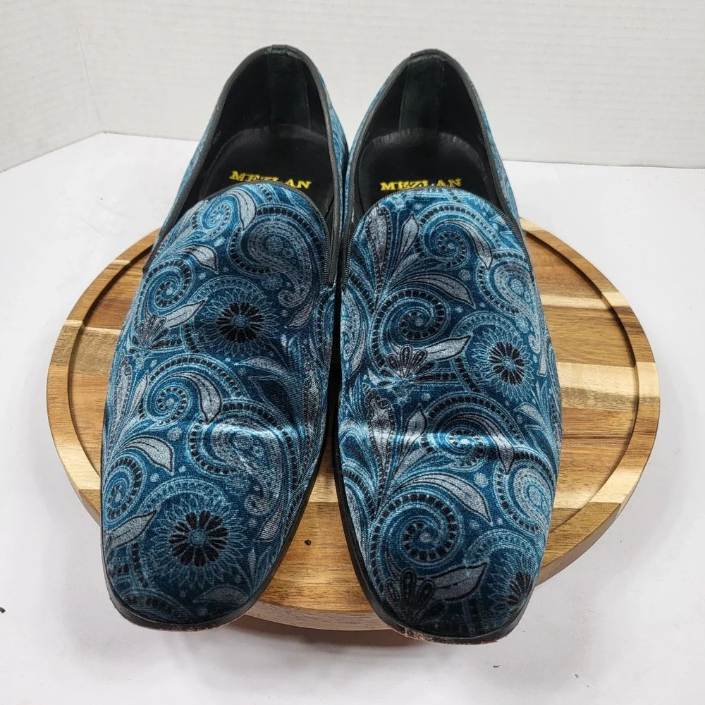 Mezlan Cole Loafers Mens 11 Blue Velvet Paisley Good Made in Spain Luxury Shoes
